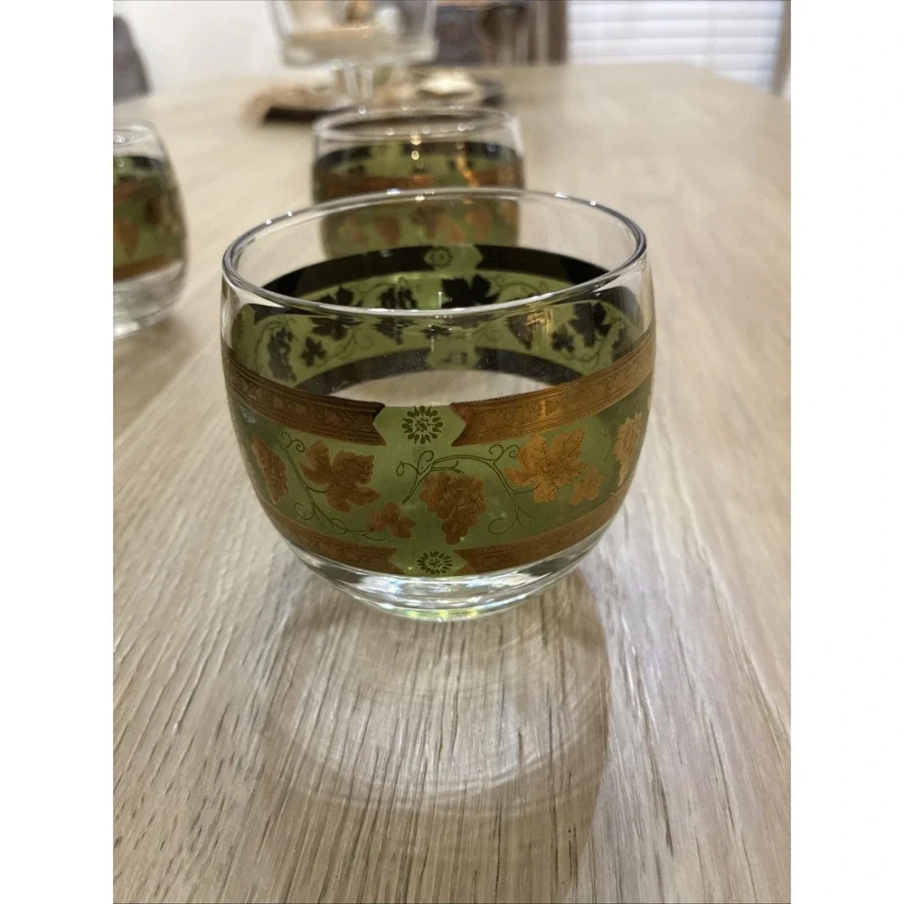 4pc VTG 60s MCM Roly Poly Cera Glass 22K Golden Grapes Green Highball Tumbler
